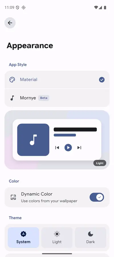Mornye appearance settings showing the light theme and a row of accent colour choices