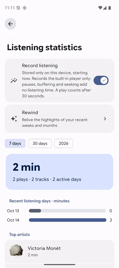 Mornye listening statistics screen summarising recent listening